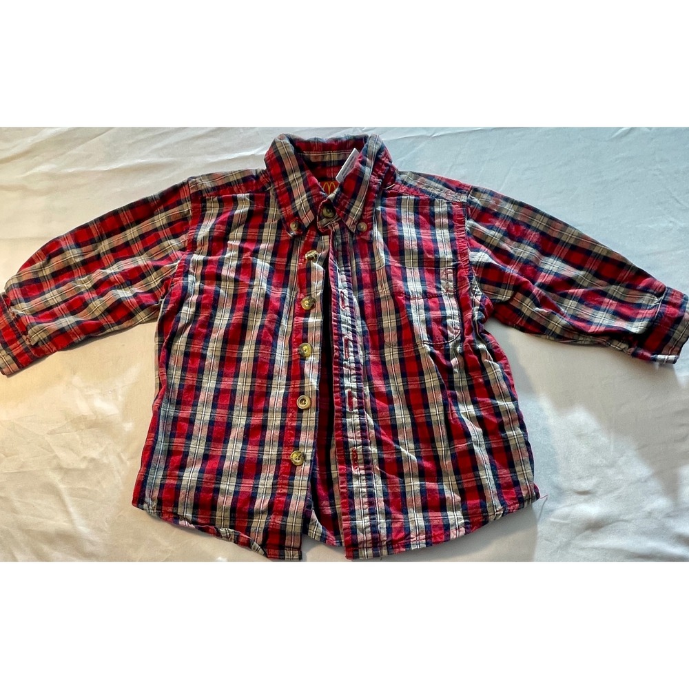 Vintage McKids McDonalds Baby Boys 12 Months Plaid Button Down Shirt Red Navy